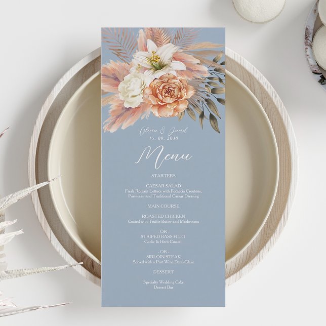 Menu Casamento Floral em Azul Desbotado e Pêssego (Criador carregado)