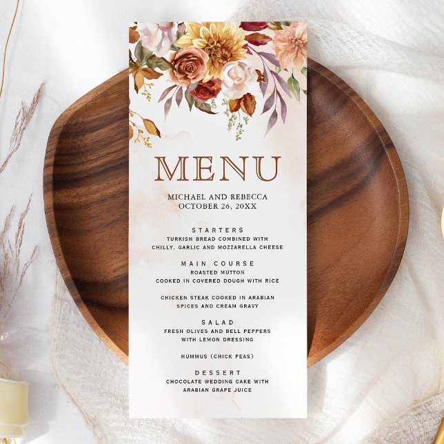 Menu Casamento Floral em Terracota Rústica da Borgonha (Criador carregado)