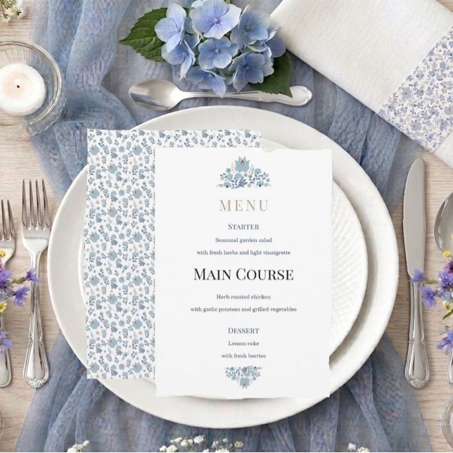 Menu Casamento Floral Folk Azul Empoeirado (Criador carregado)