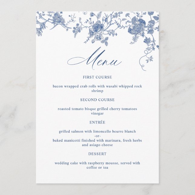 Menu Casamento Floral Francês Azul Vitoriano Elegante (Frente)