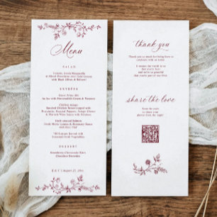 Menu Casamento Floral Francês Vintage Borgonha Vermelho