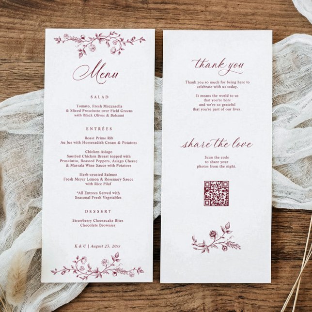 Menu Casamento Floral Francês Vintage Borgonha Vermelho (Burgundy red vintage French wedding menu with floral frame and photo sharing QR code)