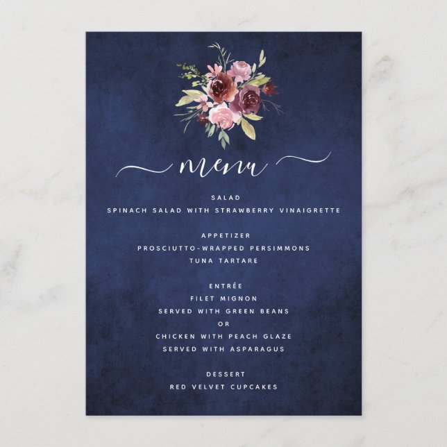 Menu Casamento Floral Geométrico Marinho Azul (Frente)