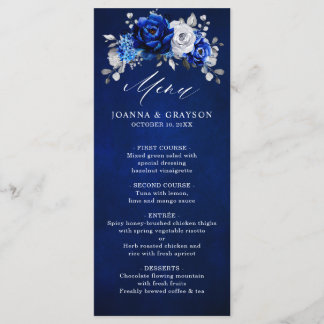 Menu Casamento Floral Metálico Azul Real Branco Prata