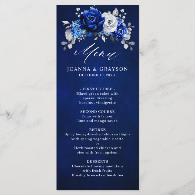 Menu Casamento Floral Metálico Azul Real Branco Prata (Frente)