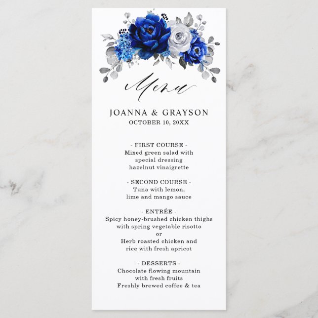 Menu Casamento Floral Metálico Real Blue Silver (Frente)