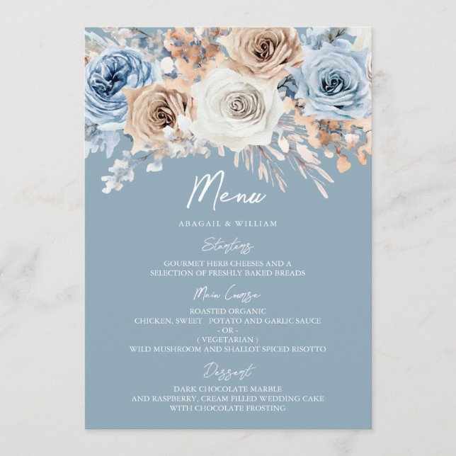 Menu Casamento Floral Moderno da Boêmia Branca e Azul (Frente)
