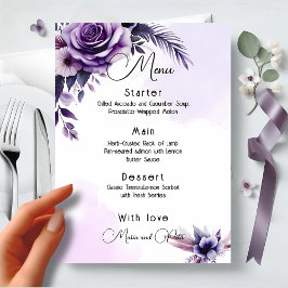 Menu Casamento Floral Moderno, Elegante Roxo e Prata