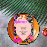 Menu Casamento Floral Moderno Máximo Marmoreado<br><div class="desc">Rosa claro 6,  forma geométrica lateral sobre laranja rosa e cor de pêssego,  floral moderno,  com design marmorizado escuro. Texto "menu" rosa sobre bar roxo brilhante com texto preto por baixo.</div>