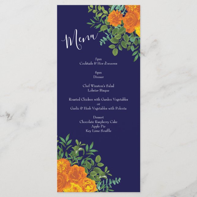 Menu Casamento Floral Moderno Rosa Azul e Laranja (Frente)