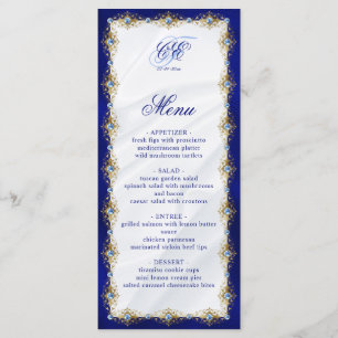 Menu Casamento Floral Monograma Azul Real Elegante