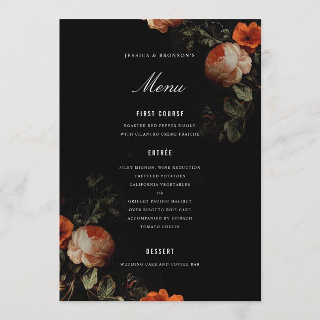 Menu Casamento Floral Neerlandês Escuro-Romântico (Frente)