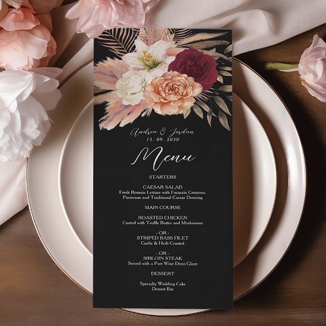 Menu Casamento Floral Negro Burgundy (Criador carregado)
