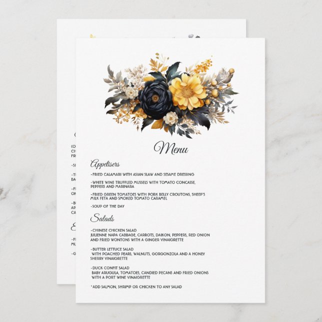 Menu Casamento Floral Negro e Dourado (Frente/Verso)