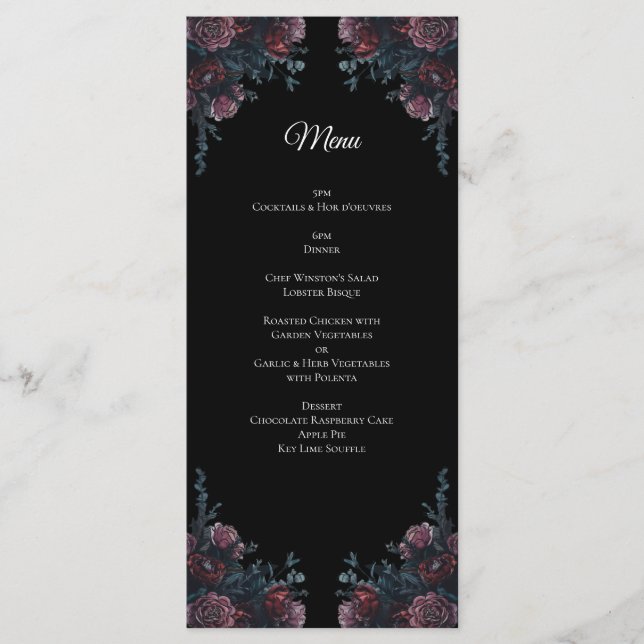 Menu Casamento Floral Negro Elegante Negro Gótico (Frente)