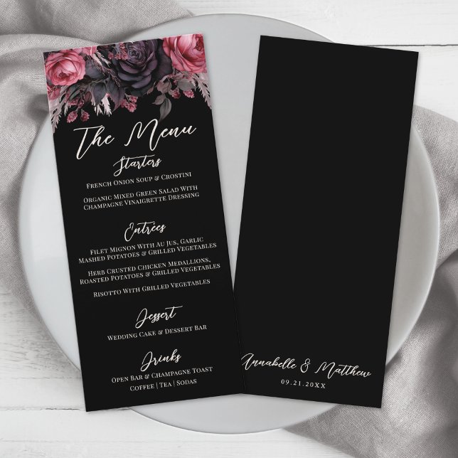 Menu Casamento Floral Negro Gótico (Gothic Black Floral Wedding Menu)