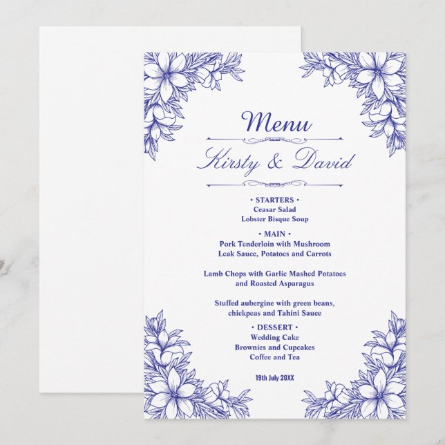 Menu Casamento Floral Ornamentado Azul (Frente/Verso)