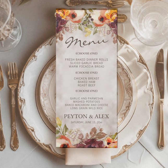 Menu Casamento Floral Outono Laranja Borgonha  (Fall floral wedding menu)