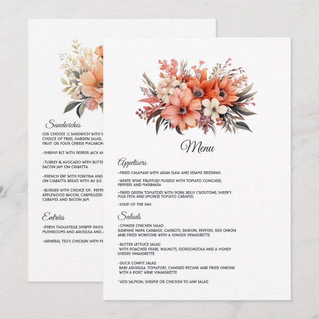 Menu Casamento Floral Peach Fuzz (Frente/Verso)