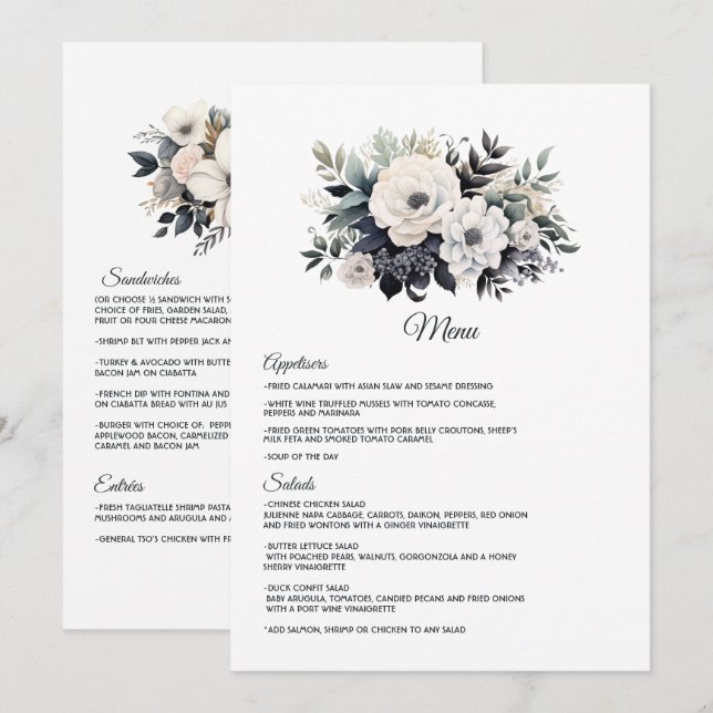 Menu Casamento Floral Preto e Branco (Frente/Verso)