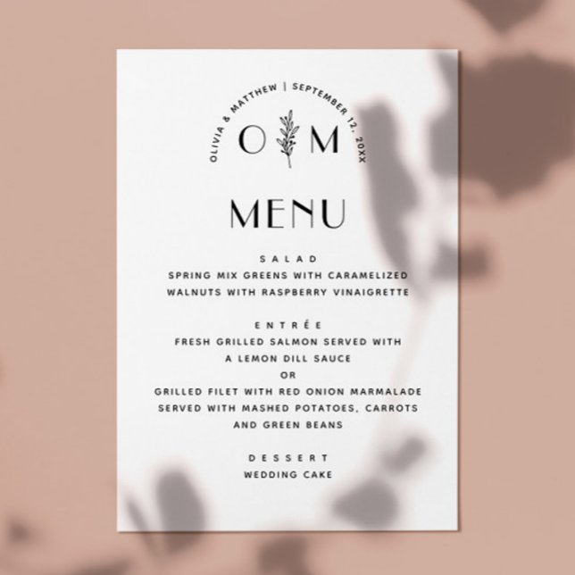 Menu Casamento Floral Preto e Branco Moderno | Minimali (Criador carregado)