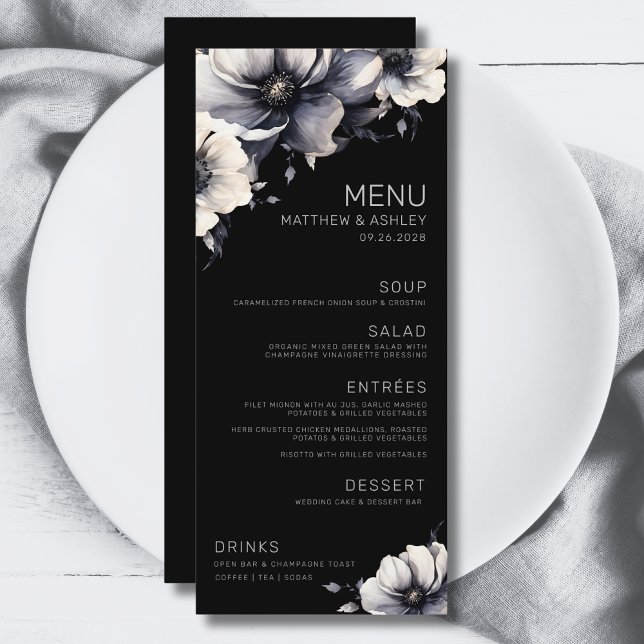 Menu Casamento Floral Preto Moderno Elegante (Simple Elegant Modern Floral Black White Wedding Menu)