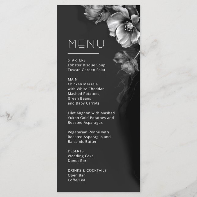 Menu Casamento Floral Preto Prata (Frente)