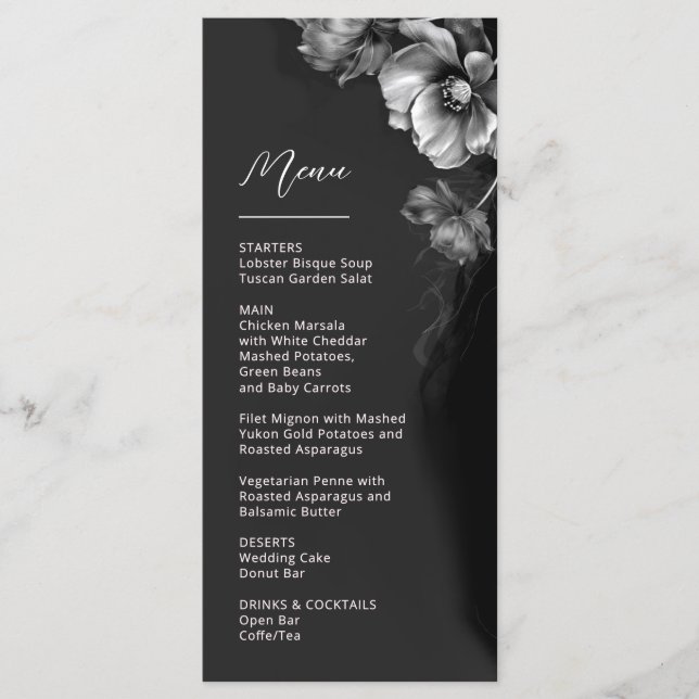 Menu Casamento Floral Preto Prata (Frente)