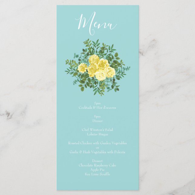 Menu Casamento Floral Primavera de Amarelo e Aqua Vinta (Frente)