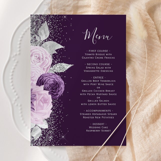 Menu Casamento Floral Profundo de Prata Roxo (Criador carregado)