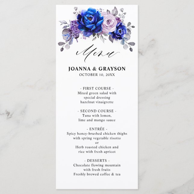 Menu Casamento Floral Real Azul Lilac Roxo (Frente)
