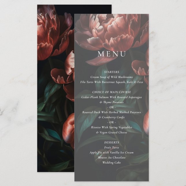 Menu Casamento Floral Romântico de Belas Artes Escuras (Frente/Verso)