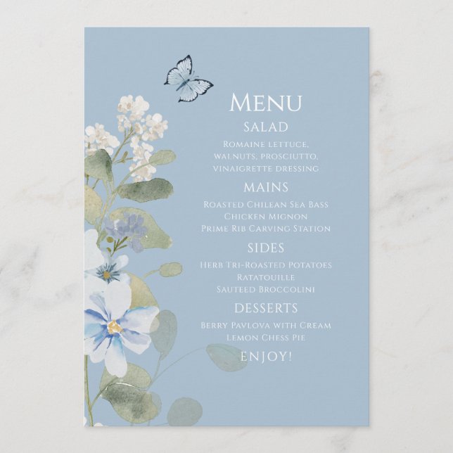 Menu Casamento Floral Romântico de Molas Azuis Azuis (Frente)