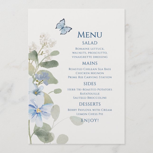Menu Casamento Floral Romântico de Molas Azuis Azuis (Frente)