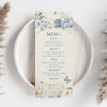 Menu Casamento Floral Romântico de Molas Azuis Azuis<br><div class="desc">Romântico Dusty Blue Watercolor Floral Wedding Menu inclui celeste azul empoeirado e flores delfinium com eucalipto verde acentuado com borboletas. Adicione o texto personalizado no script elegante moderno.Veja a coleção. Projetado para você pelo Evco Studio www.zazzle.com/store/evcostudio</div>