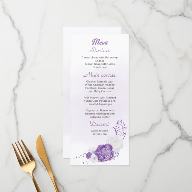 Menu casamento floral romântico e roxo branco (Frente/Verso In Situ)