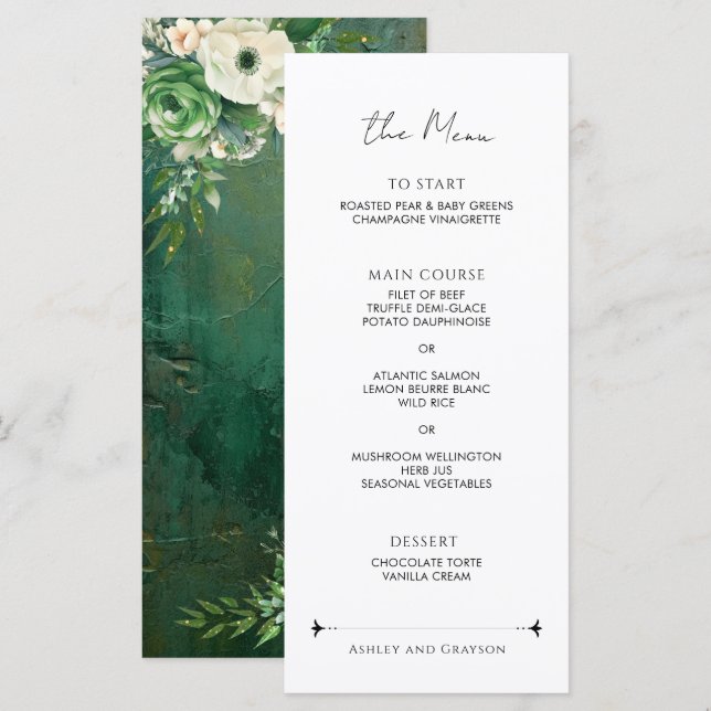 Menu Casamento Floral Romântico Verde Esmeralda (Frente/Verso)
