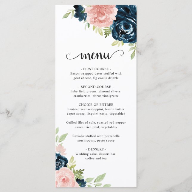 Menu Casamento Floral Rosa Bege Azul Naval Elegante (Frente)