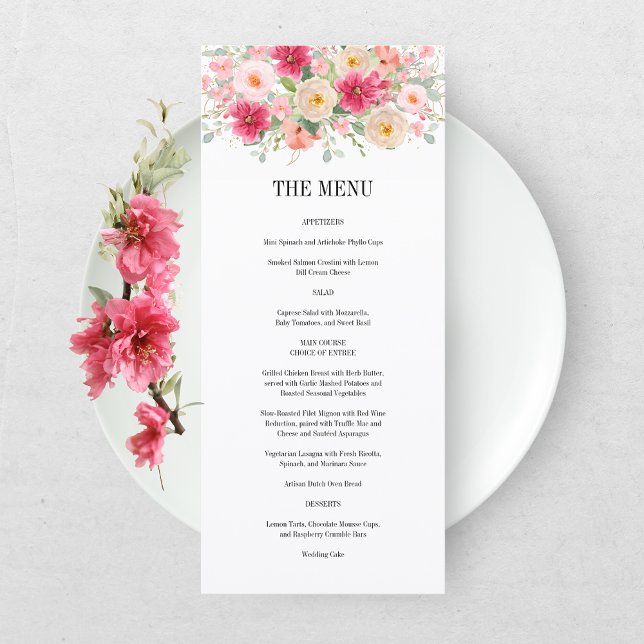 Menu Casamento Floral Rosa Brilhante com Aquarela Moder (Criador carregado)