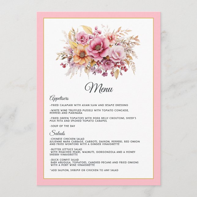 Menu Casamento Floral Rosa e Dourado (Frente)