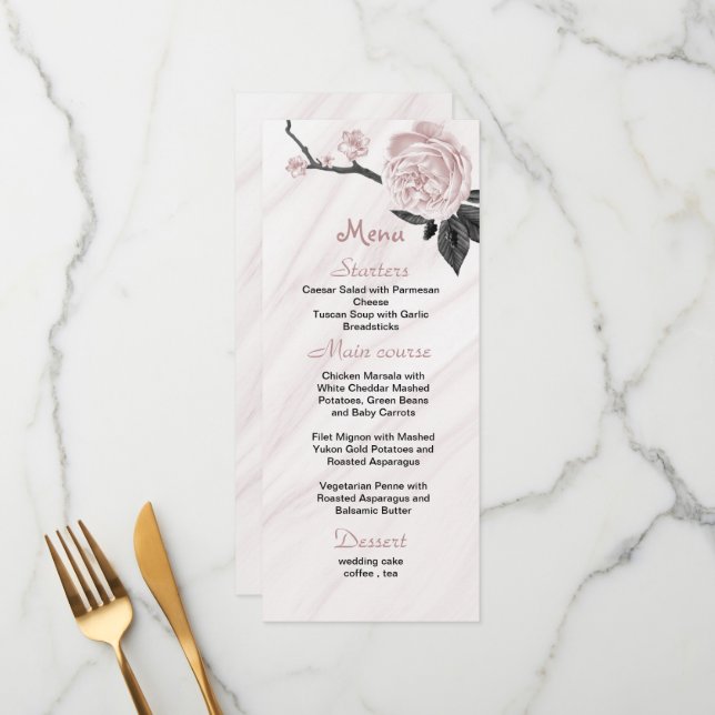 Menu casamento floral rosa e preto (Frente/Verso In Situ)