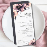 Menu Casamento Floral Rosa-Elegante Moderno<br><div class="desc">Design de casamento de flores brancas e rosas e simples, preto e branco. Um olhar clássico, mas caprichoso, com flores cor-de-rosa, pretas, cinzas e creme, com fontes pretas e cartazes modernos. Edite todo o texto para suas próprias informações. Você pode até mudar a cor de fundo para qualquer coisa que...</div>