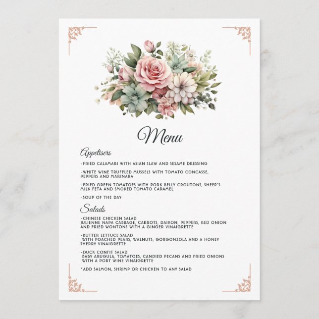 Menu Casamento Floral Rosa Empoeirado, Verde Menta e Bl (Frente)