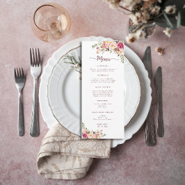 Menu Casamento Floral Rosa-Rosa-Blush com Aquarela Eleg