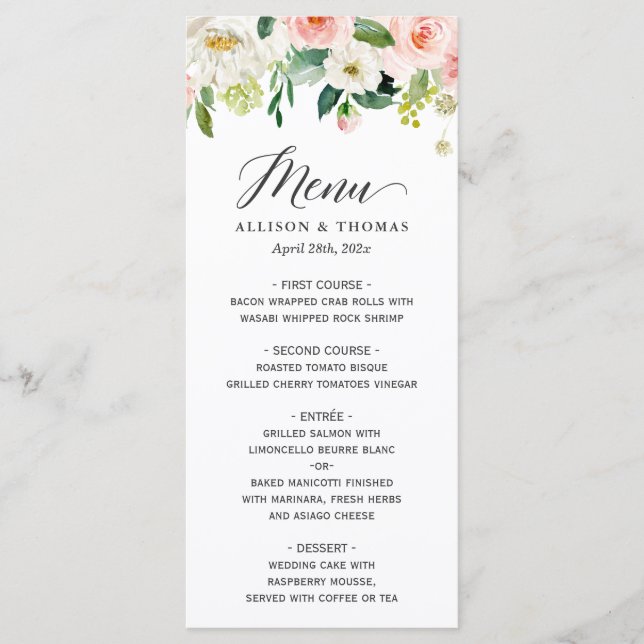 Menu Casamento Floral Rosa-Rosa-Blush com Aquarela Eleg (Frente)