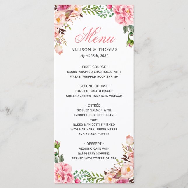 Menu Casamento Floral Rosa Rosa-Esbranquiçado Clássico (Frente)