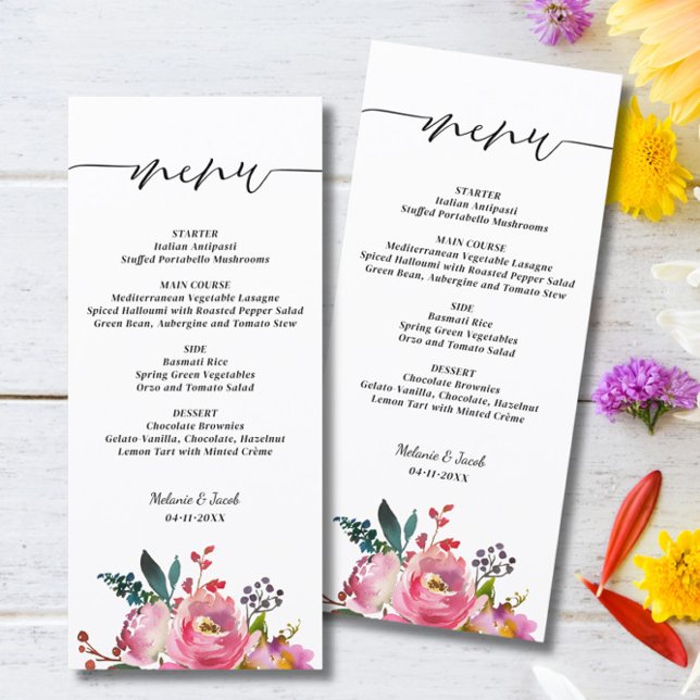 Menu Casamento Floral Rosa Script (Criador carregado)
