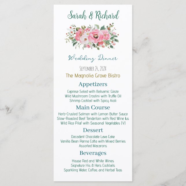 Menu Casamento Floral Rosa Vibrante (Frente)