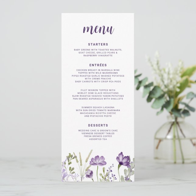 Menu Casamento Floral Roxo e Lavanda (Em pé/Frente)