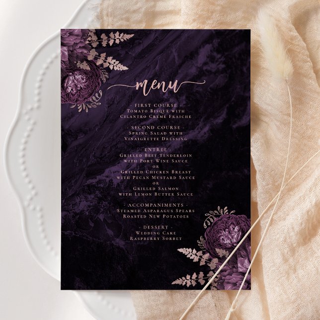 Menu Casamento Floral Roxo Elegante em Dourado Rosa (Criador carregado)